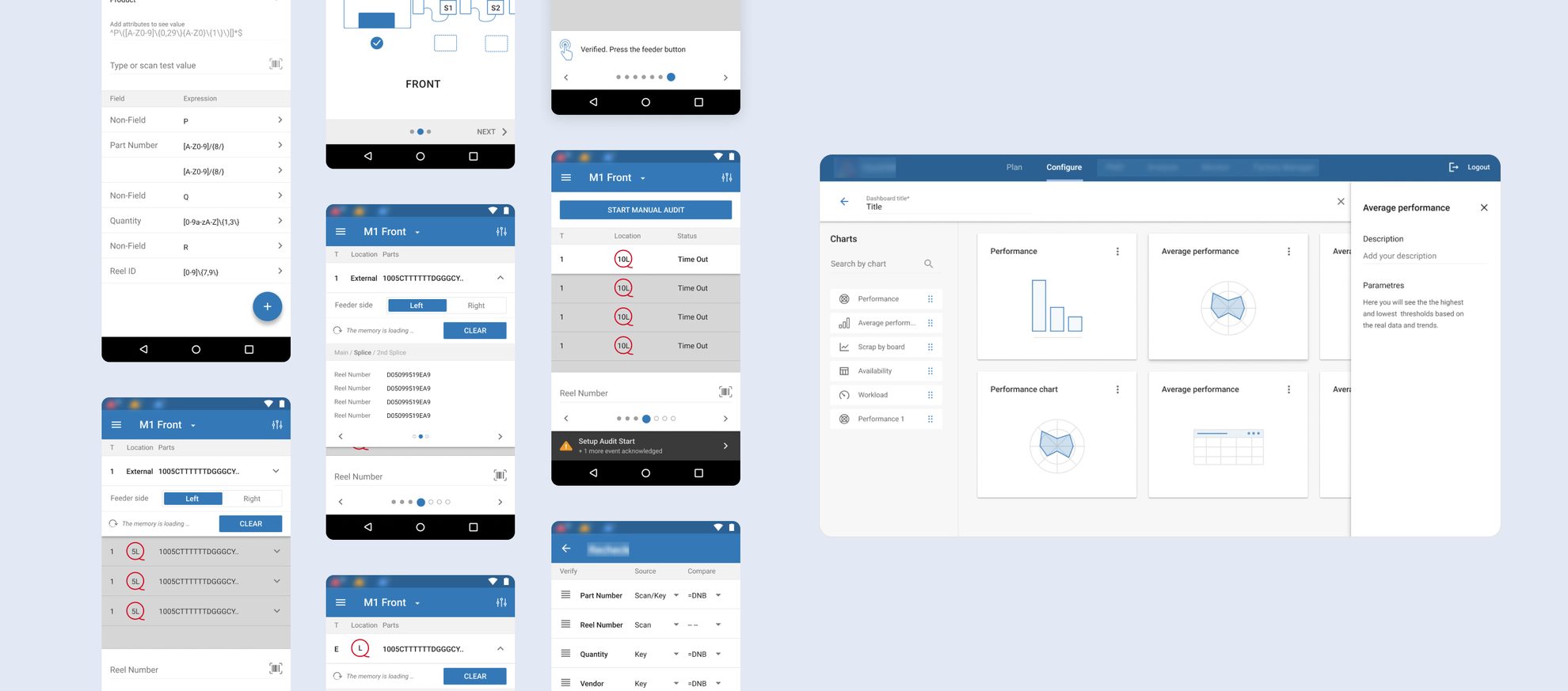 Smart factory — mobile monitoring app screens across the audit, scan, and verification flows