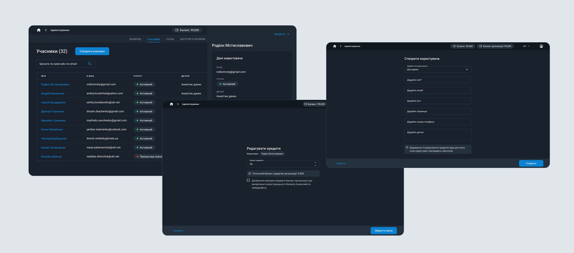 Intelligent Tracking Tool — user administration, roles and credit management screens