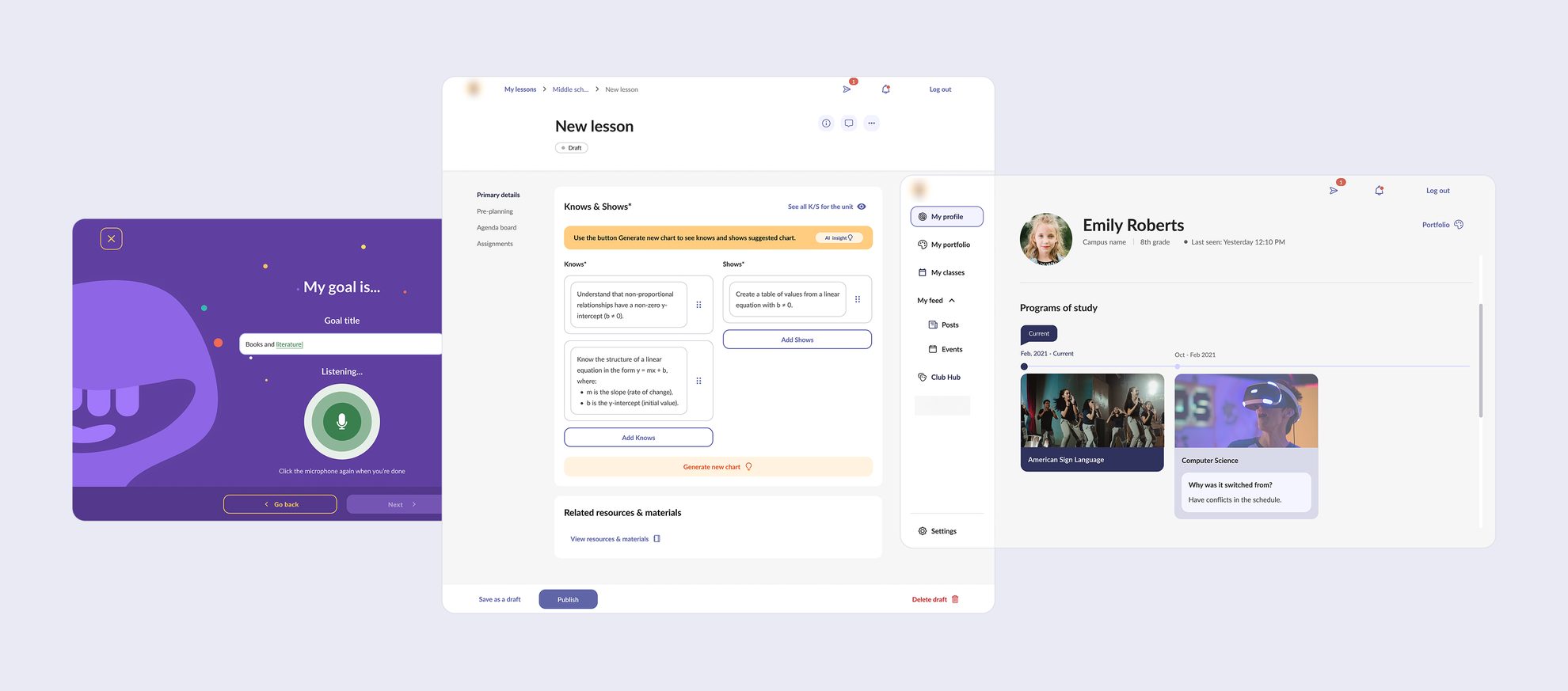 K-12 EdTech — student profile, lesson planning and goal-setting screens
